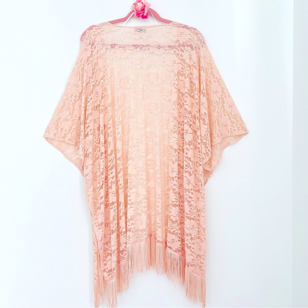💕Pretty Pink Floral Lace Cover-Up with fringe SZ OS